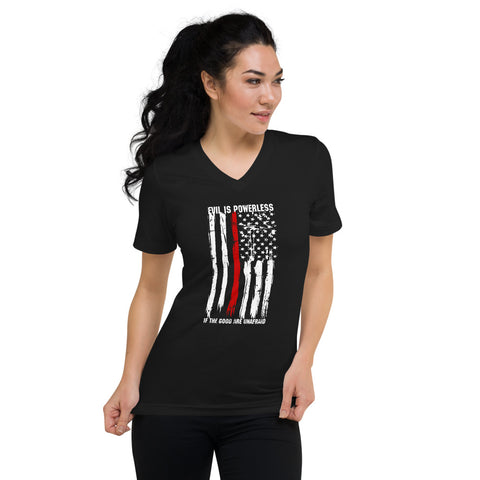 Women's Thin Red Line-Evil Is Powerless V-Neck T-Shirt